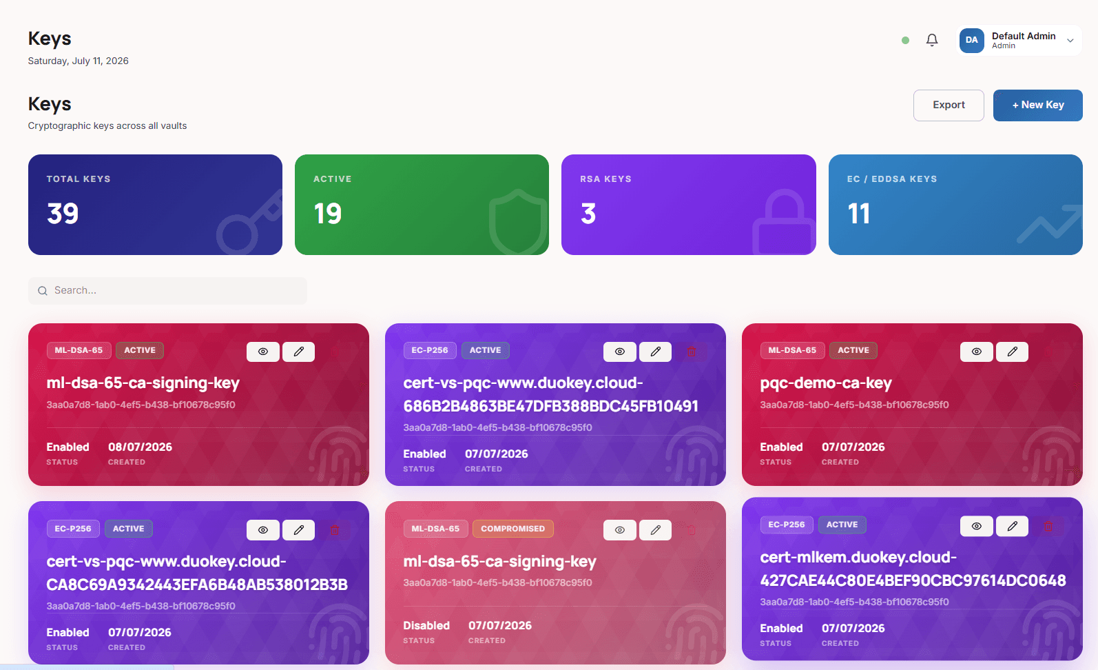 DuoKey Cockpit keys list showing active, disabled and compromised keys with their cryptographic algorithms