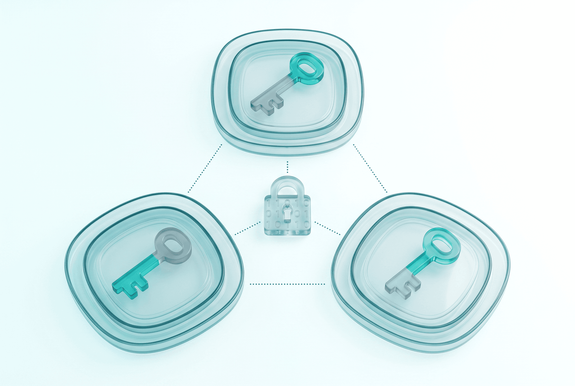 Three key shares, split with multi-party computation, converging to a single lock that no single share can open alone